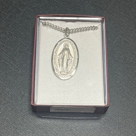 Miraculous Prayer Medal Pendant 24" Chain Rhodium Finish NEW IN BOX - Picture 5 of 7